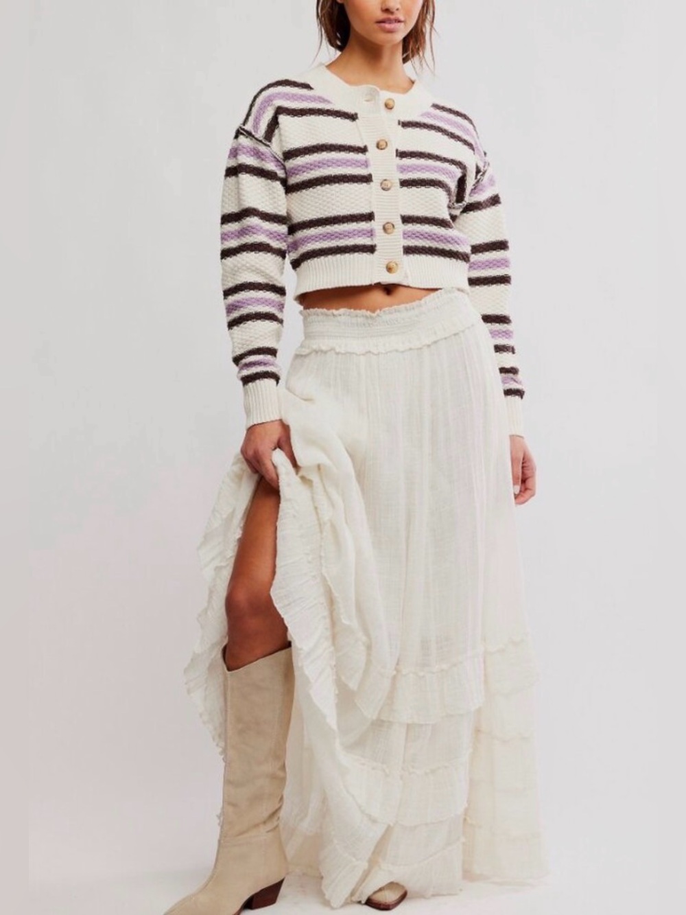 Free People Lila Cardigan Cream Purple Brown Knit Chunky Sweater Cardigan